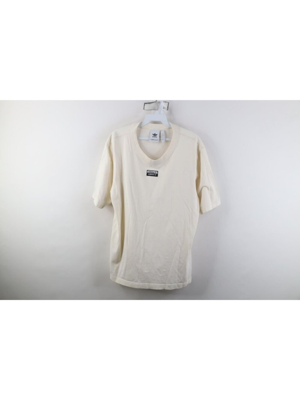 Y2K Adidas Mens Small Spell Out Center Box Logo Short Sleeve T-Shirt Cream